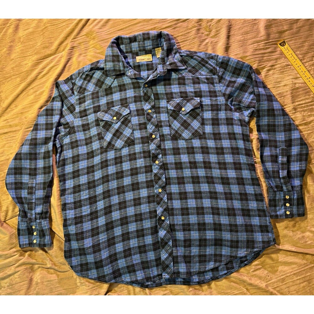 Wrangler Wrancher Men's 2XL Blue/Black Plaid Flannel Button-Up Shirt Pockets